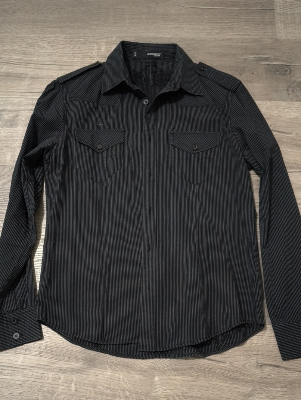 Monarchy Men’s Black Pinstripe Button-Down Shirt Y2K